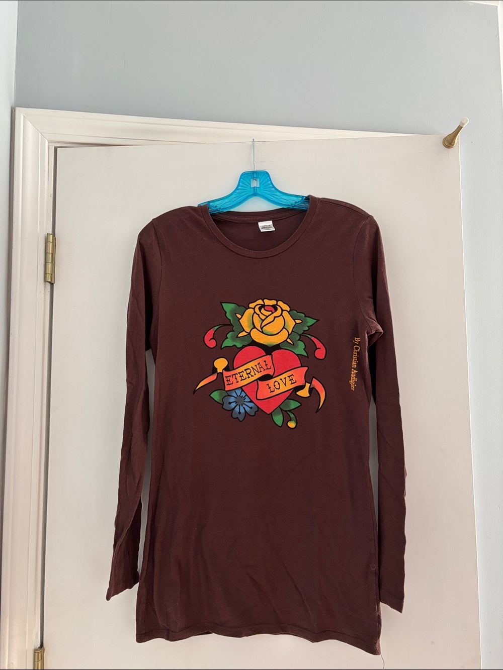 Ed Hardy Brown Long-Sleeve Tee with Colorful Heart & Rose Graphic Large
